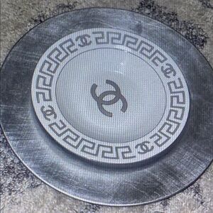CHANEL Silver and White Plate with Iconic Motif